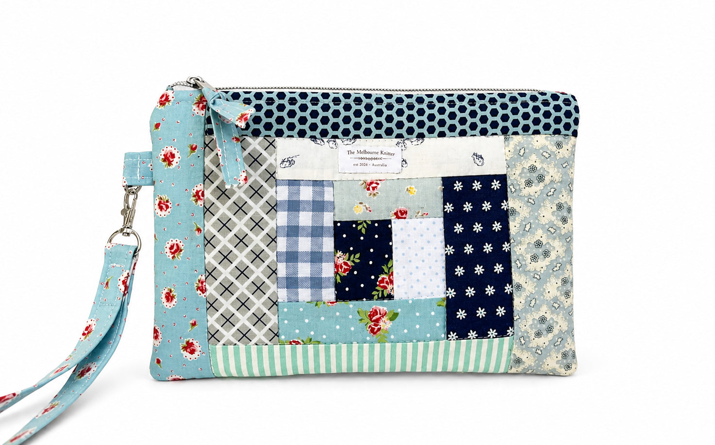 Project Pouch -  Large Log Cabin Patchwork - Blue #2