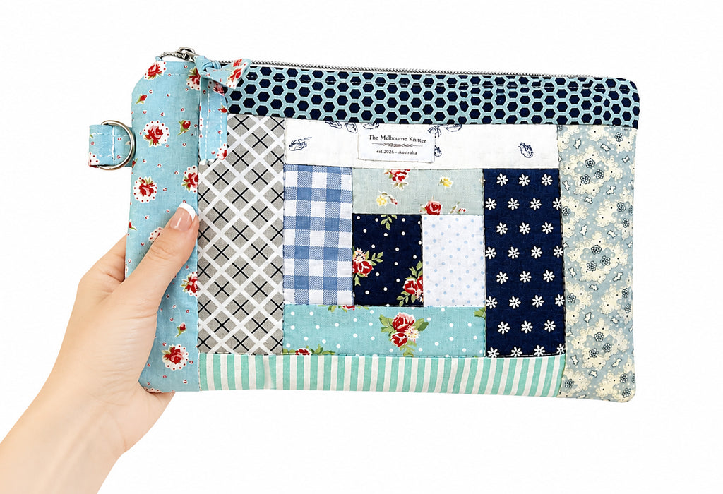Project Pouch -  Large Log Cabin Patchwork - Blue #2