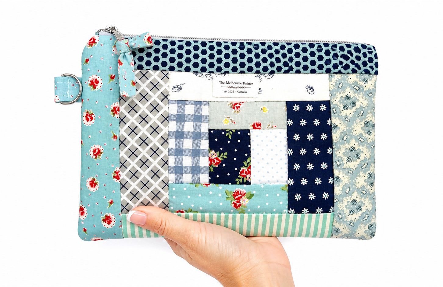 Project Pouch -  Large Log Cabin Patchwork - Blue #2