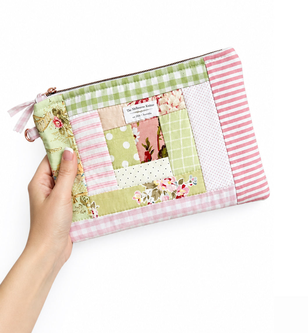 Project Pouch -  Large Log Cabin Patchwork -  Pink/Green #4