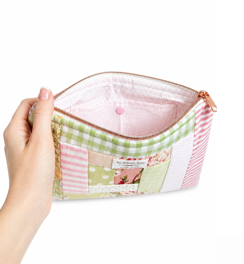 Project Pouch -  Large Log Cabin Patchwork -  Pink/Green #4