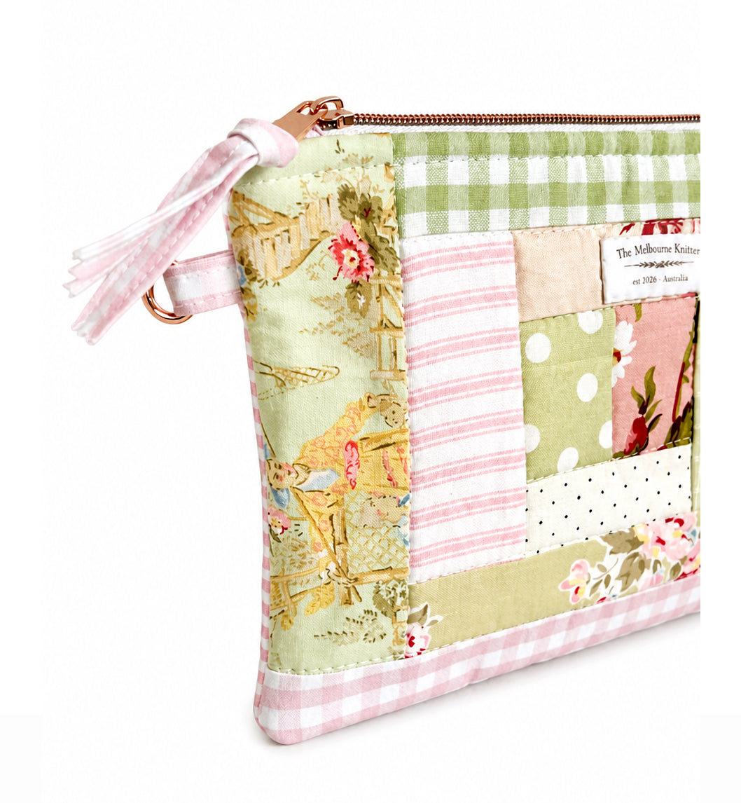 Project Pouch -  Large Log Cabin Patchwork -  Pink/Green #4