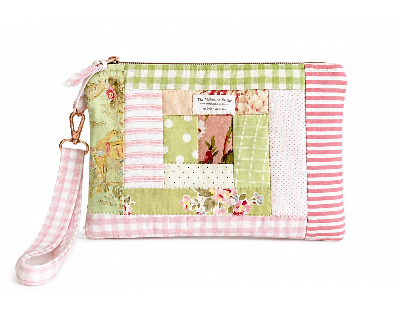 Project Pouch -  Large Log Cabin Patchwork -  Pink/Green #4