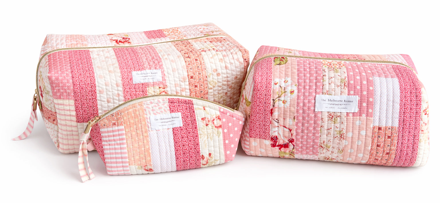 Zip Up Quilted Project Pouch - Pink Patchwork - Large