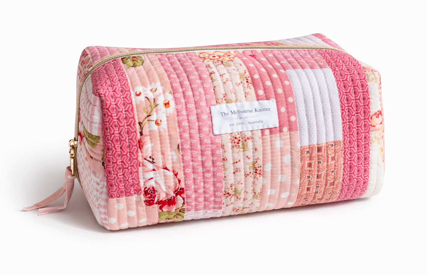Zip Up Quilted Project Pouch - Pink Patchwork - Large