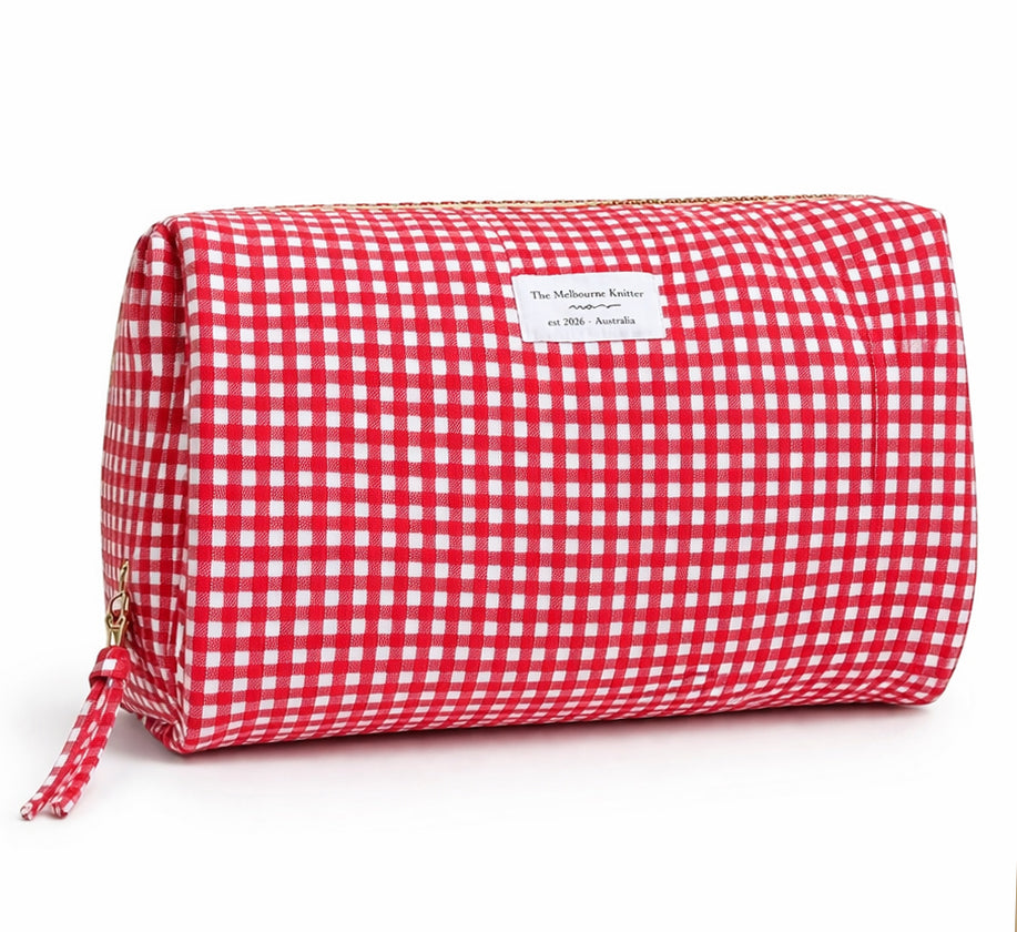 Zip Up Quilted Project Pouch - Red Check - Large