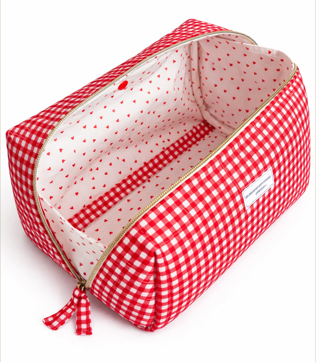 Zip Up Quilted Project Pouch - Red Check - Large